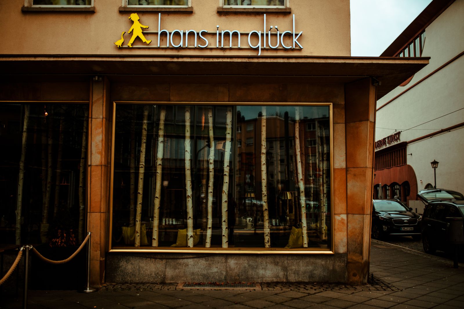 Restaurant and cafe storefront glass on a morning route